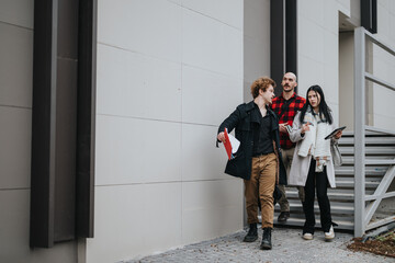  Three young business professionals walking and discussing work-related ideas outside a modern office building.