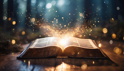 Bible emitting magical light, symbolizing divine enlightenment and spirituality