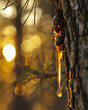 Amber sap drips steadily from a pine, its glow captured in the dance of early evening light.