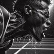 Portrait of a male athlete with a black face running on a black background Print art 