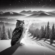 Snowy winter landscape with a owl in the mountains. 