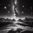 Fantastic winter landscape with snow covered mountains and starry sky, print art.