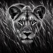 Lioness in the high grass. Black and white image art print