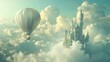 A magical fairytale scene where a princess rides a balloon carriage to a castle in the clouds
