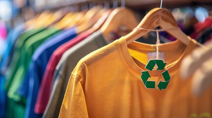 Bright yellow shirt with a recycle symbol on the tag, highlighting sustainable fashion concepts in a clothing shop.