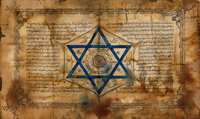 Wall Mural - Old paper page from ancient torah book with blue Star of David. Judaism religious symbol. Bible exodus torah. Passover celebration, Yom Kippur, Purim. Illustration for banner, wallpaper, background