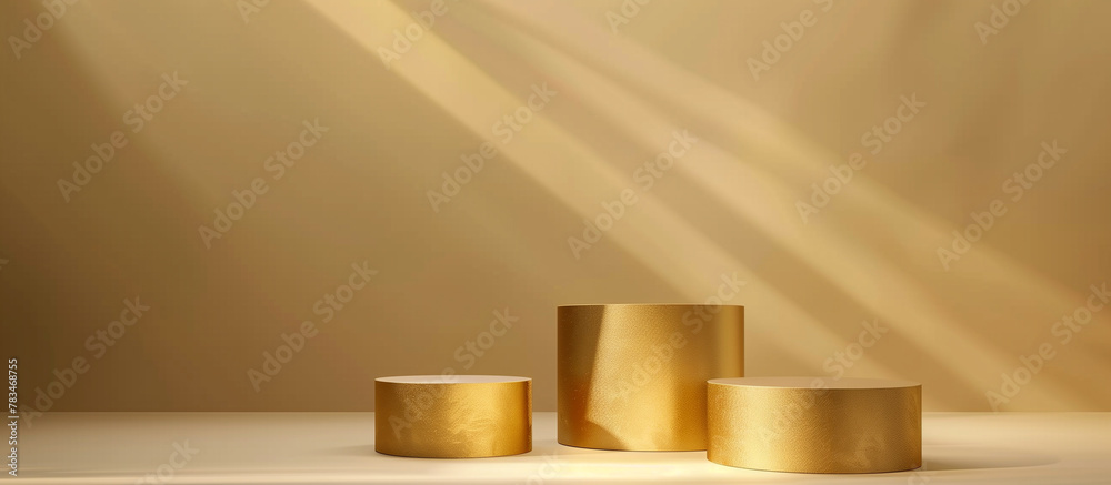 3D golden cylinder podium pedestal with circular background for product ...