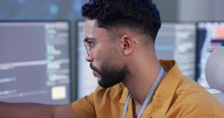 Fototapete - Man, computer or focus on coding, it or question of security, web or glitch in digital software. Corporate, male hacker or screen in metaverse, business or data as nft, server or tech programming