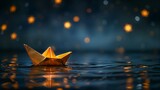 Fototapeta  - Miniature paper boat in dark water with a reflection of stars above for themes of solitude, contemplation, and the beauty of nature