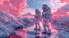 3D Cartoon Astronauts In A Surreal Duel With Bubble Gum Laser Swords On A Checkerboard Planet