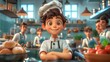 3D Cartoon chef teaching a cooking class, kitchen bustling with eager students, space vibrant and inviting