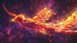 Depict a fierce phoenix soaring through the cosmic expanse, its fiery feathers trailing streaks of light against the velvety backdrop of space Use pixel art to create a dynamic and captivating scene o