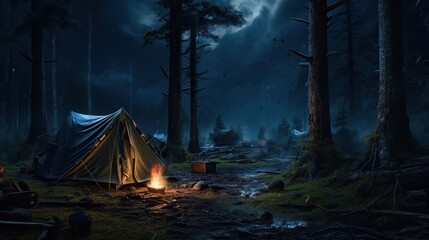 night camping at the forest with campfire in rainy atmosphere.