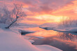 A frosty winter landscape under a pink and orange sunset sky, with the snow reflecting the sky's warm tones, offering a contrast of cold scenery and warm colors. 32k, full ultra hd, high resolution