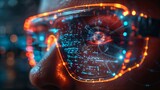 Fototapeta  - Close up of person wearing virtual reality glasses, Augmented dream of future technology, futuristic glasses