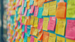 Sticky Note Post It Board Office. Business people meeting at office and use post it notes to share idea. Brainstorming concept. Sticky note on glass wall or blackboard. Set of colorful blank notes.