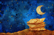 Matzah for yachatz jewish ritual under the starry night sky with crescent moon. Passover celebration concept. Jewish Pesach holiday with traditional bread