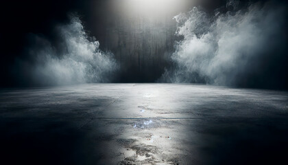 Aufkleber - Ethereal smoke swirling on a concrete floor against a dark backdrop. Stage and mystery concept. Generative AI