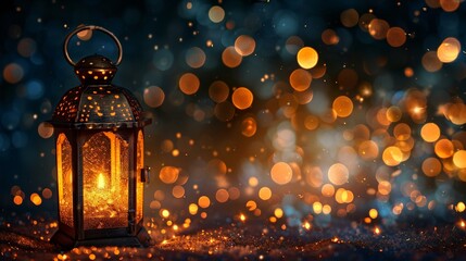 Illuminated lantern, holiday spirit, shimmering background