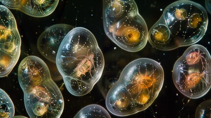 Sticker - A of rotifer eggs each encased in a protective gellike coating providing a peek into their process and potential for exponential population