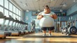3d cartoon illustration. A fatman in white shirt and black short exercise in fitness club. Generative ai illustration.