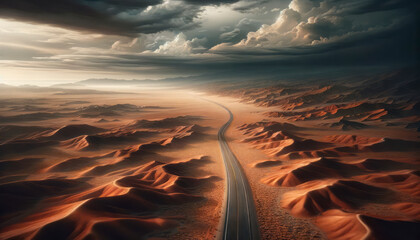 Poster - A winding road through desert dunes under a dramatic cloudy sky, conveying a sense of adventure and exploration, Generative AI. Generative AI