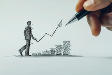 Poster - Sketched businessman with a growing line chart, creative drawing on a white background, concept of success. Generative AI