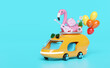 3d bus or van with guitar, luggage, balloons, camera, sunglasses, flower, flamingo isolated on blue background. summer travel concept, 3d render illustration