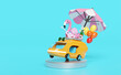 3d bus or van on podium with guitar, luggage, balloons, camera, sunglasses, flower, umbrella, flamingo isolated on blue background. summer travel concept, 3d render illustration