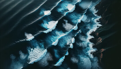 Poster - Aerial view of ocean waves meeting a rocky coastline, artistic style, dark blue and tan background, concept of nature's beauty. Generative AI