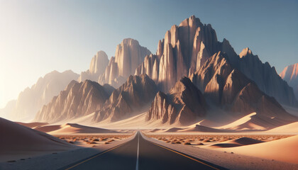 Poster - A road leading through a dramatic desert landscape with towering rock formations under a clear sky, embodying a journey concept. Generative AI