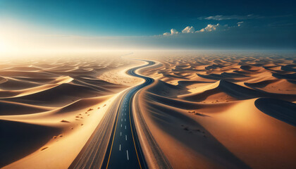Poster - A winding road cutting through a desert landscape at sunset, with undulating sand dunes and a dramatic sky. Generative AI