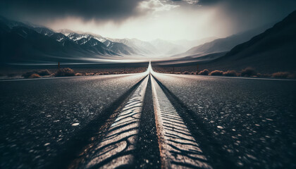 Poster - An empty road leading towards mountains under moody skies, symbolizing a journey or adventure concept on a textured background, Generative AI. Generative AI