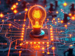 Poster - Illuminated lightbulb on a digital circuit board, conveying concepts of technology and innovation, with a vibrant orange and blue background. Generative AI