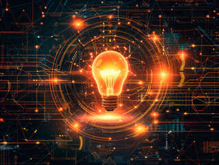 Poster - A glowing lightbulb with a vivid circuit background, symbolizing a concept of creative ideas and technology. Generative AI