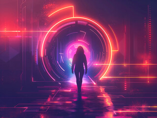 Aufkleber - A silhouette of a person facing a vibrant neon-lit futuristic portal on a dark, starry background, concept of science fiction. Generative AI