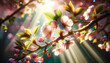 Close-up of cherry blossoms with sunbeams filtering through, vibrant natural colors, concept of spring renewal, Generative AI. Generative AI