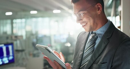 Poster - Happy, businessman and research with tablet for stock market, crypto or digital currency at office. Man, broker or investor smile on technology for online search, trading or networking at workplace