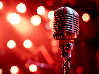Poster - A vintage microphone with a bokeh light background, focused on music or performance concept, Generative AI. Generative AI