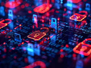 Aufkleber - Detailed circuit board with glowing red and blue elements on a dark background, representing the concept of technology. Generative AI