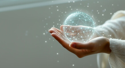 Aufkleber - A person holding a glowing digital globe, digital art style against a neutral background, depicting the concept of global connectivity. Generative AI