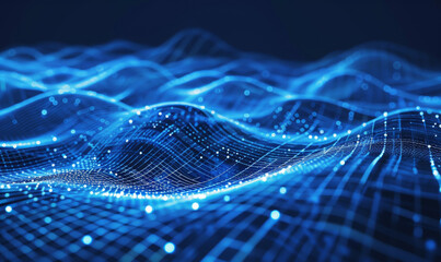 Poster - abstract cyberspace blue waves with digital particles and bokeh