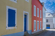 Sauzon in Belle-Ile, Brittany, typical street in the village, with colorful houses
