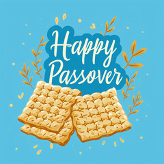 Wall Mural - Happy Passover greeting card or banner with matzah.  Lettering, bread and floral decorations isolated on blue background. Jewish holiday background. Modern brush calligraphy