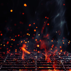 Aufkleber - Close-up of hot embers and flames on grill, photograph style, against a dark background, concept of cooking heat. Generative AI