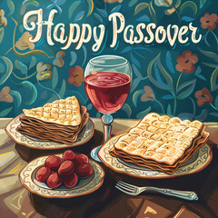 Wall Mural - Happy Passover greeting card or banner with matzah and red wine. Family Passover dinner seder. Jewish holiday background. Modern brush calligraphy