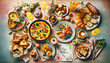 Top-down view of a Mother's Day brunch, featuring frittata, smoked salmon, bruschettas, fruits, pastries, and mimosas, with warm decorations
