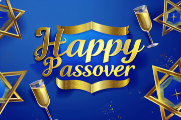 Wall Mural - Happy Passover greeting card or banner with gold David stars and wine glasses. Golden lettering isolated on blue background. Jewish holiday background. Modern brush calligraphy