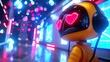 Bring to life a futuristic digital world where an AI matchmaker, with intricate circuit patterns glowing in neon hues, guides love stories Use digital rendering techniques to capture the essence of a