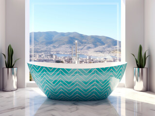 Aufkleber - Modern bathroom interior with a stylish bathtub, plants, and a panoramic view of the city backdrop. Generative AI